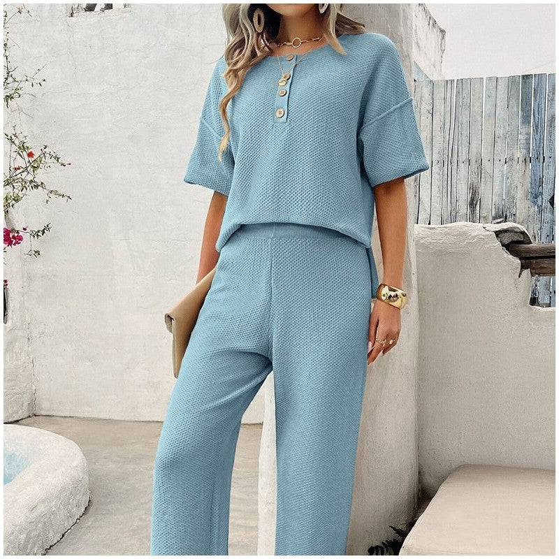 Solid Color Knit Short Sleeve Long Pants Set