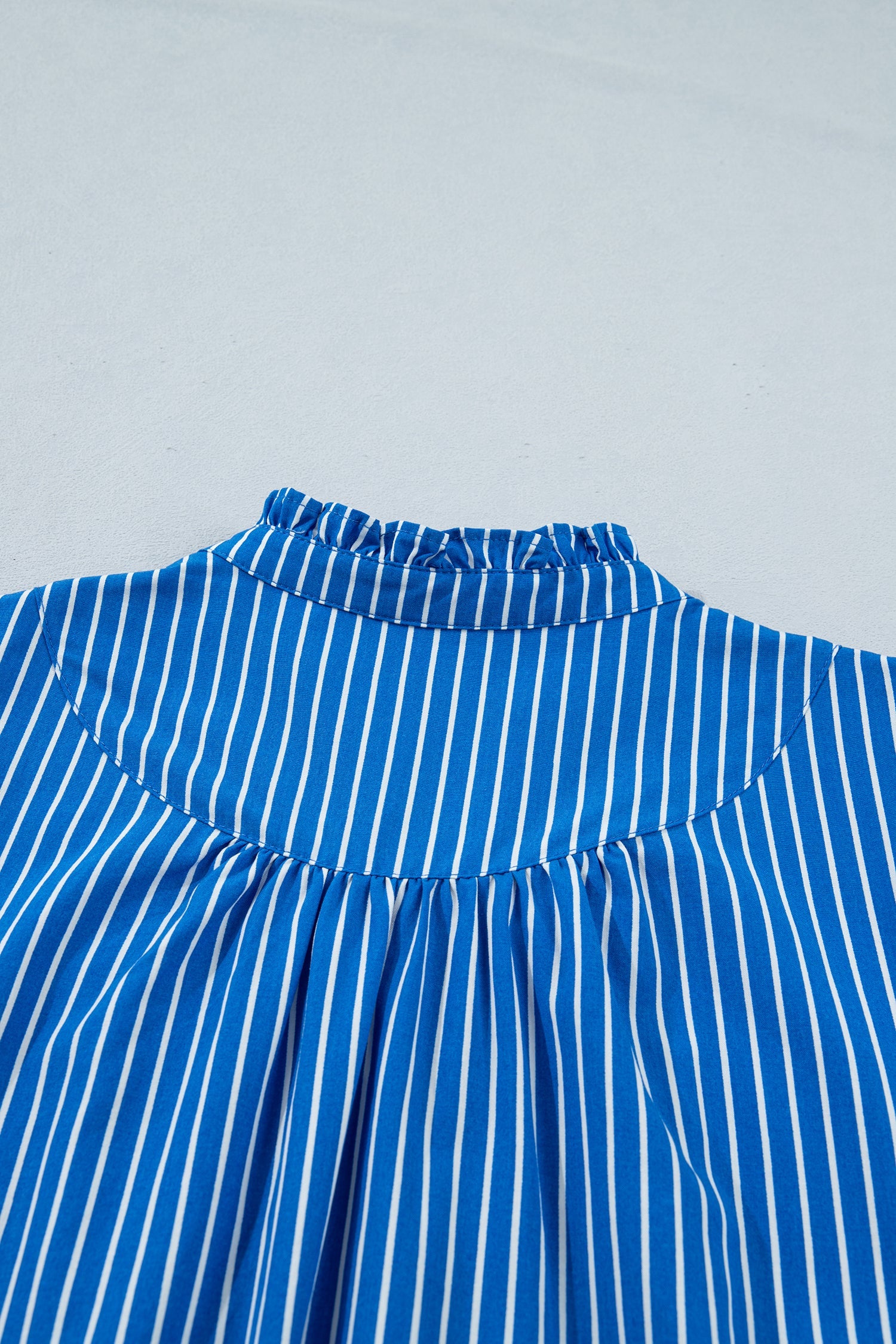 Blue Stripe Ruffled Short Puff Sleeve Button Front Blouse