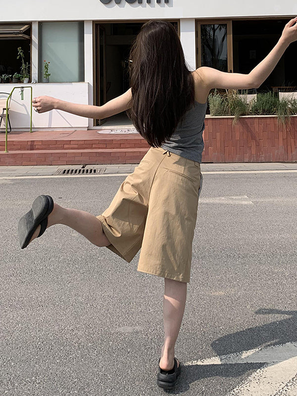 High Waisted Loose Pleated Solid Color Half Pants Shorts Bottoms
