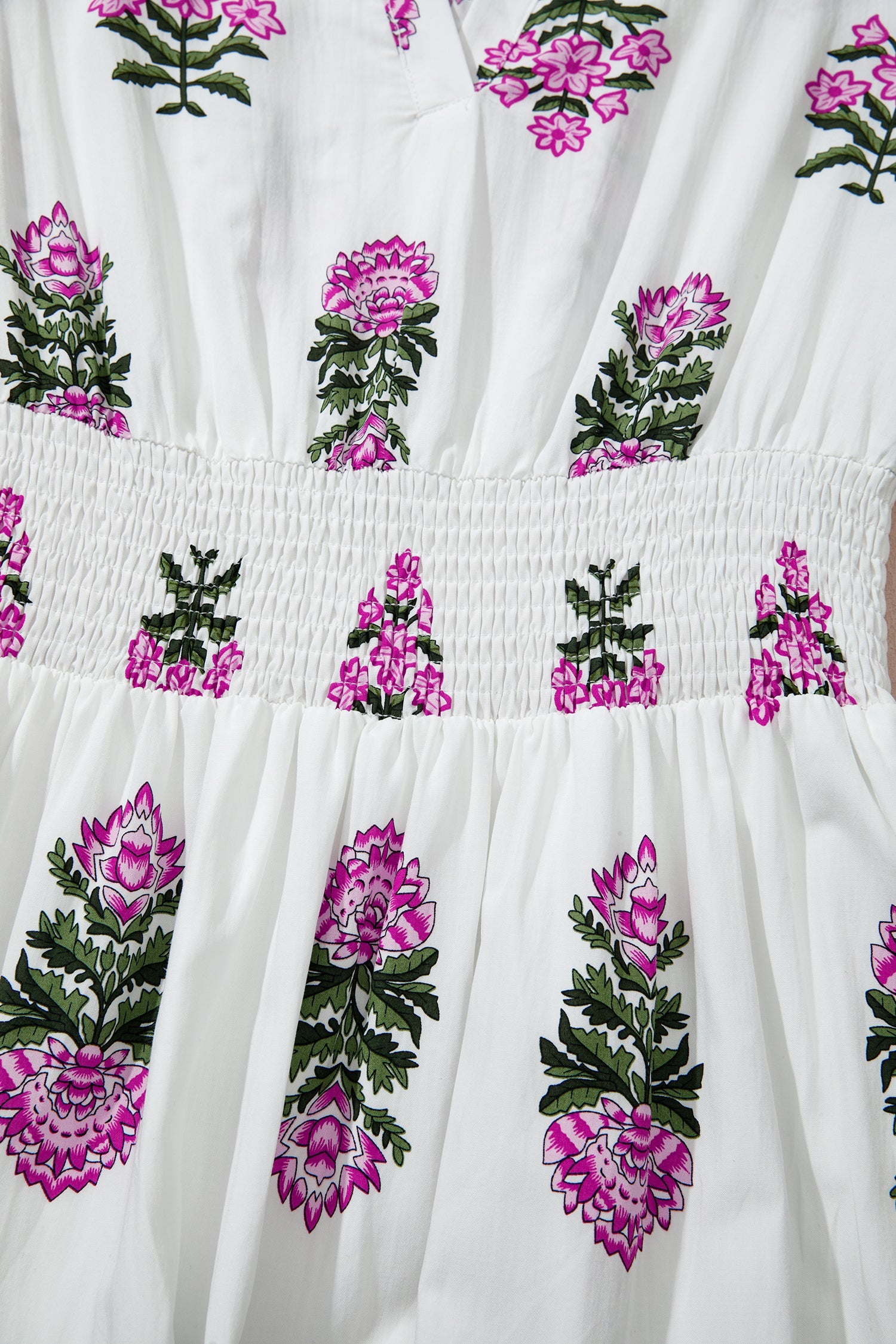 White Floral Print Split Neck Shirred High Waist Ruffle Hem Maxi Dress
