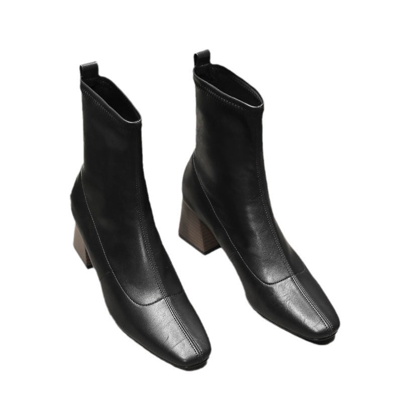 Women's Minimalist Over-the-Knee Boots | Square Toe Chunky Heel Side Zipper | Black & Dark Brown