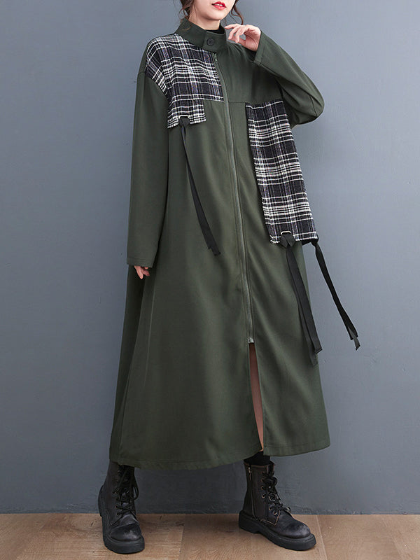 Original Long Sleeves Loose Contrast Color Plaid Split-Joint Zipper Stand Collar Outerwear