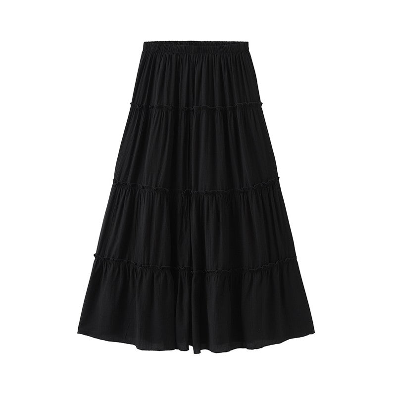Elegant Solid Color Elastic Waist Pleated A-Line Maxi Skirt