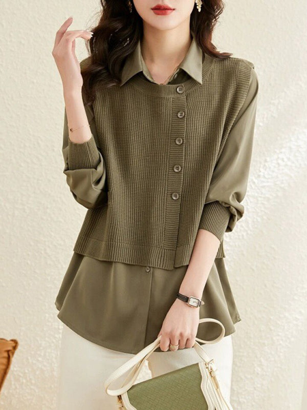 Long Sleeves Loose Solid Color Lapel  Inner Shirt + Buttoned Pockets Outer Knit Vest Two Pieces Set