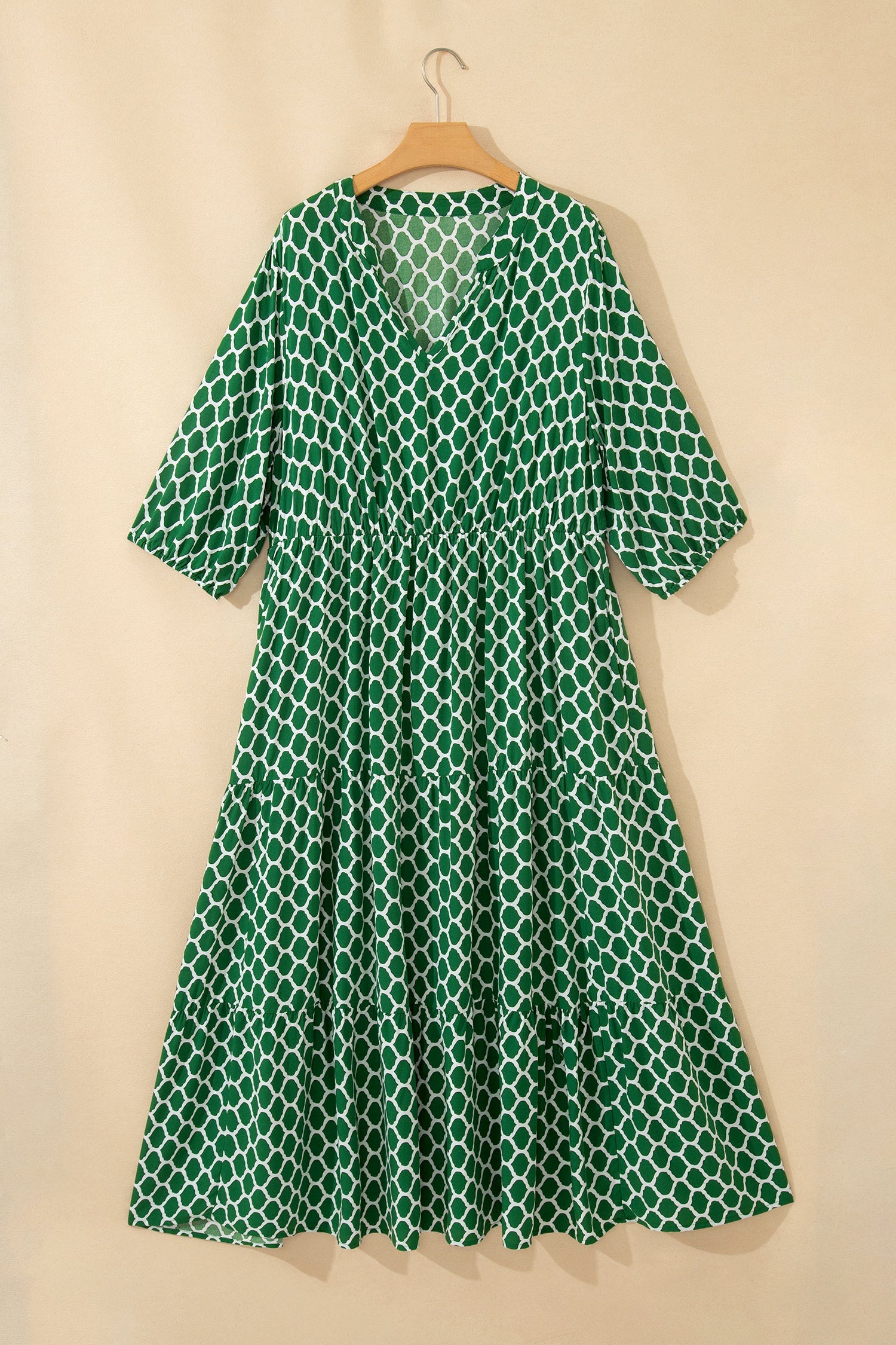 Green Plus Size Geometric Print Pocketed Ruffle Hem Casual Dress