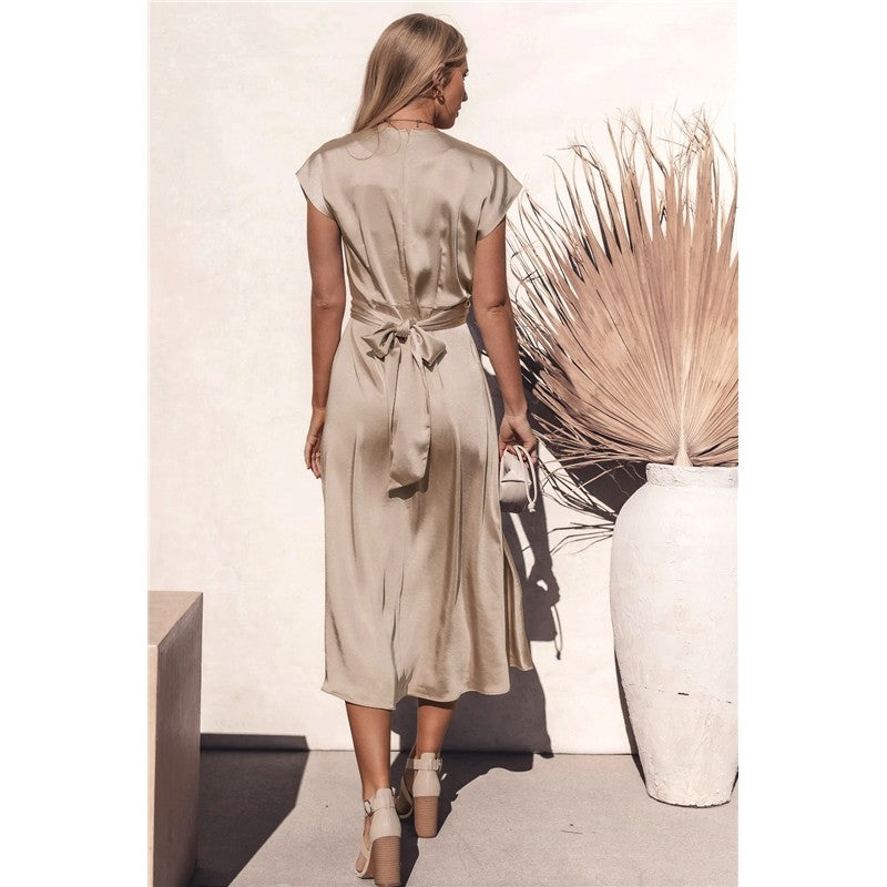 Solid Color Sleeveless Bandage Satin Maxi Dress