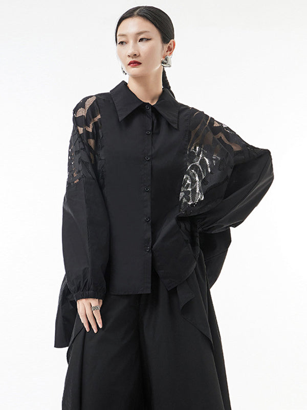 Urban See-Through Lace Split-Joint Lapel Blouse