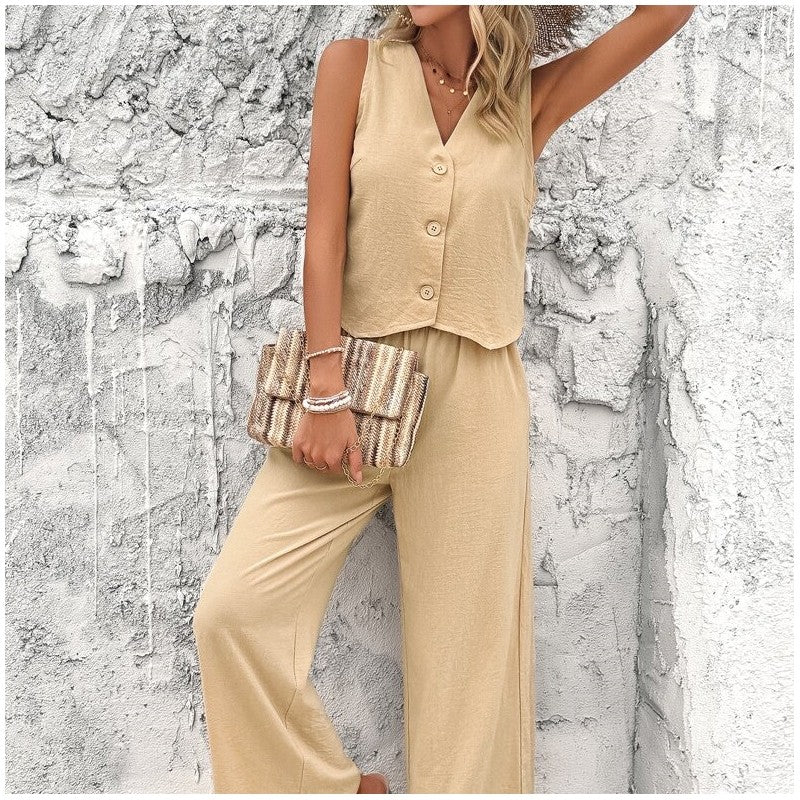 Stylish Sleeveless Vest Set with Solid Color Design for Casual Wear