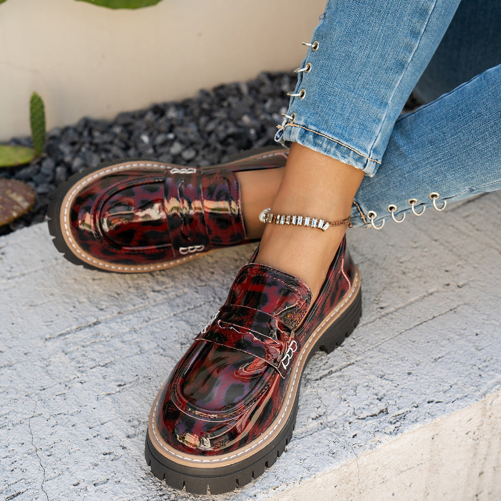 Women's Leopard Print Loafers - Chunky Heel Patent Leather Slip-On Shoes