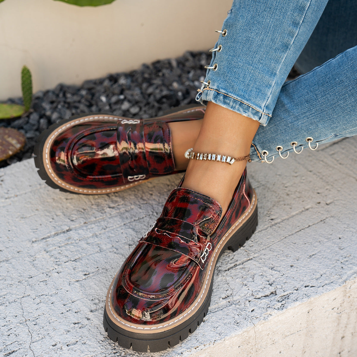Women's Leopard Print Loafers - Chunky Heel Patent Leather Slip-On Shoes