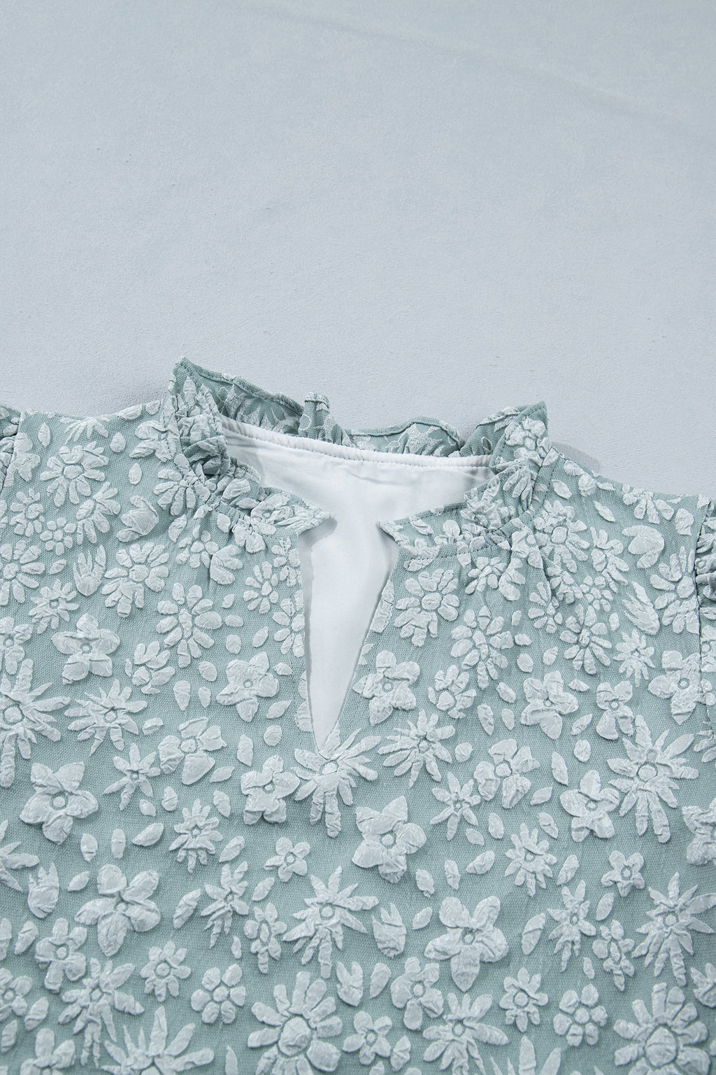Iceland Blue Floral Textured Jacquard Puff Sleeve Blouse