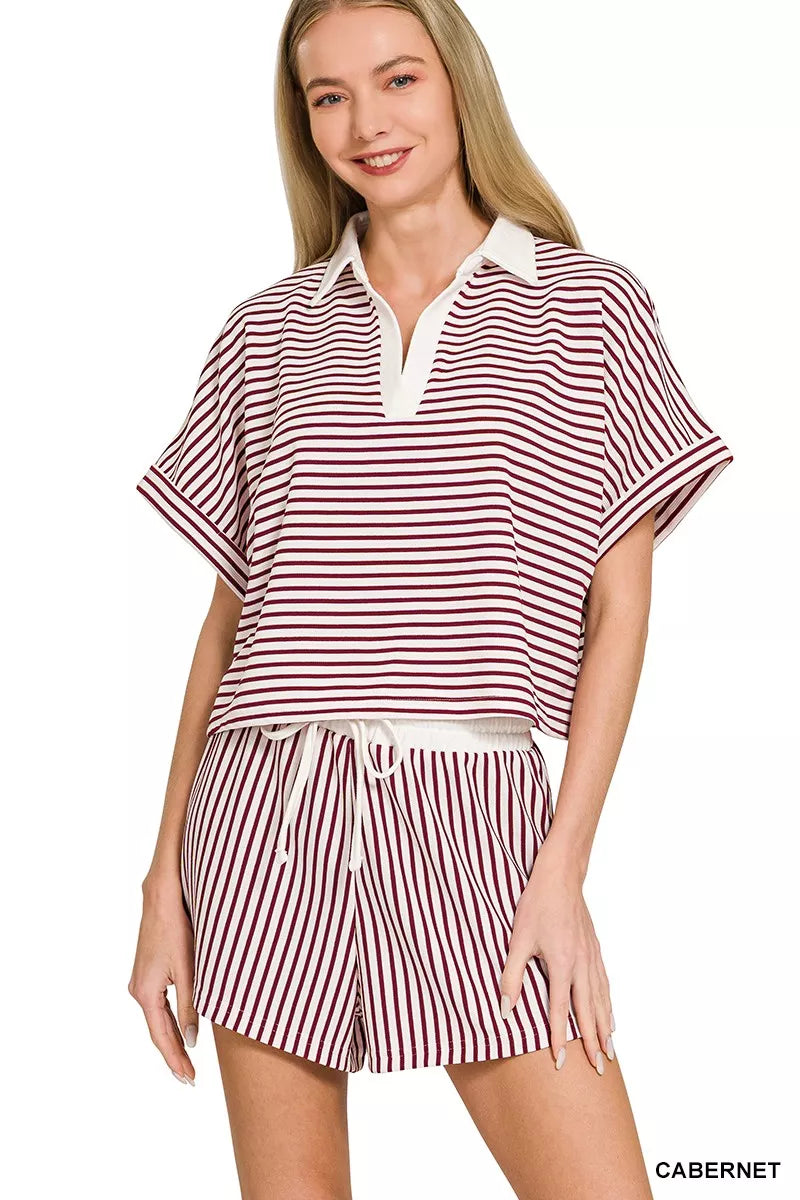 Striped Collared Top & Shorts Set
