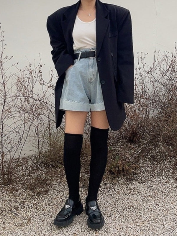 High Waisted Loose Belted Buttoned Pockets Split-Joint Denim Shorts