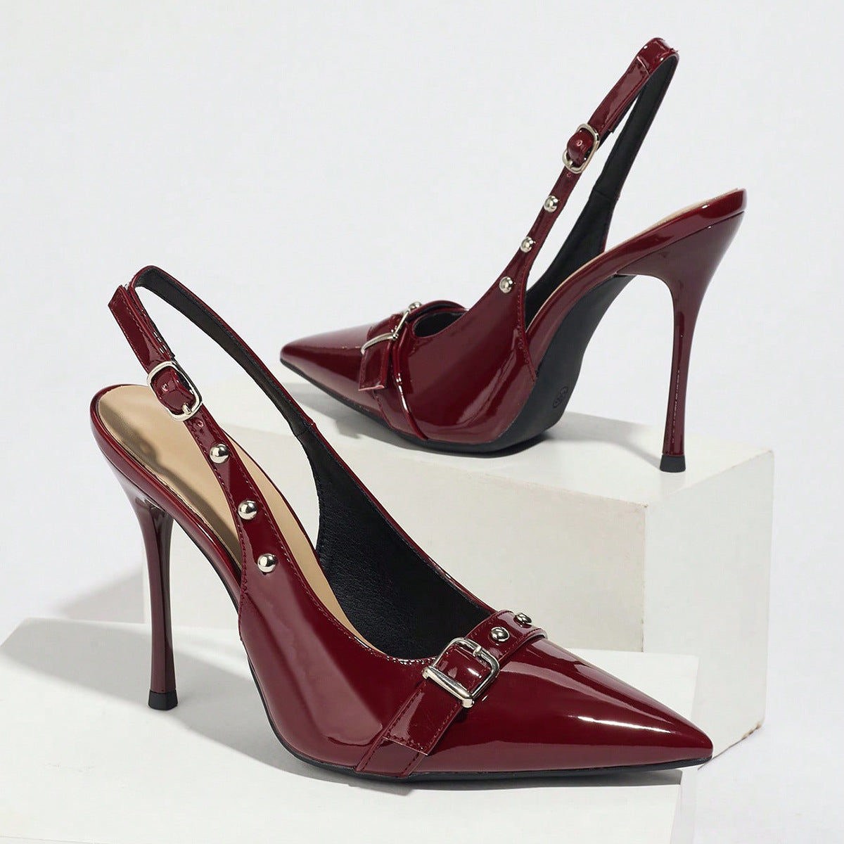 Women's Pointed-Toe Stiletto Heels | Synthetic Leather Buckle Rivet Heels