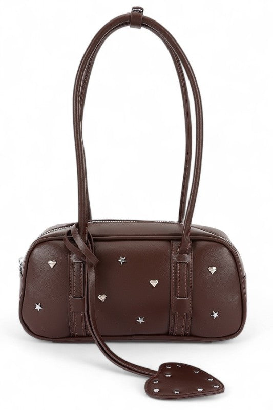 Boxy Top Handle Bag with Star and Heart Studs – Trendy Fashion Handbag