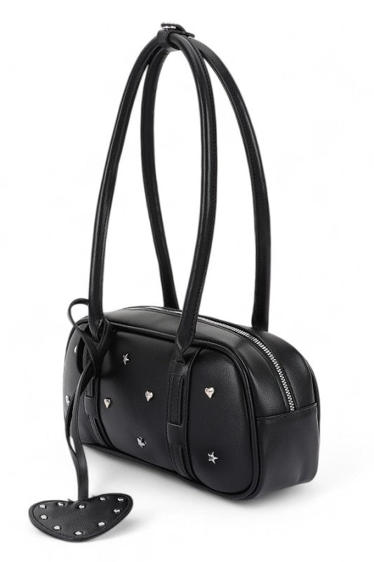 Boxy Top Handle Bag with Star and Heart Studs – Trendy Fashion Handbag
