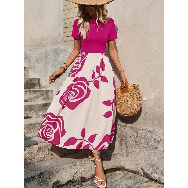 Crewneck Short Sleeve High Waisted Patchwork A-Line Maxi Dress