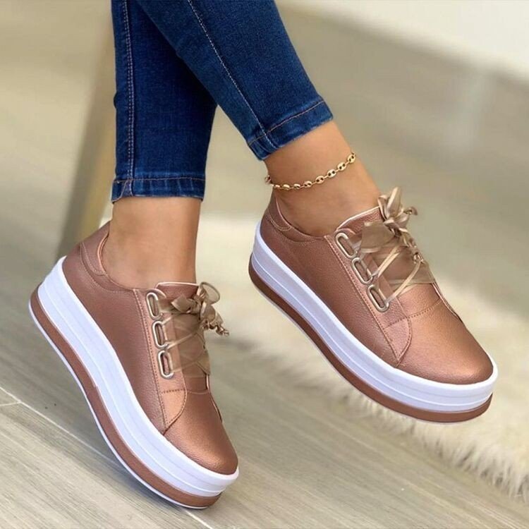 Women's Ribbon Lace-Up Platform Sneakers | PU Leather Round-Toe Flats