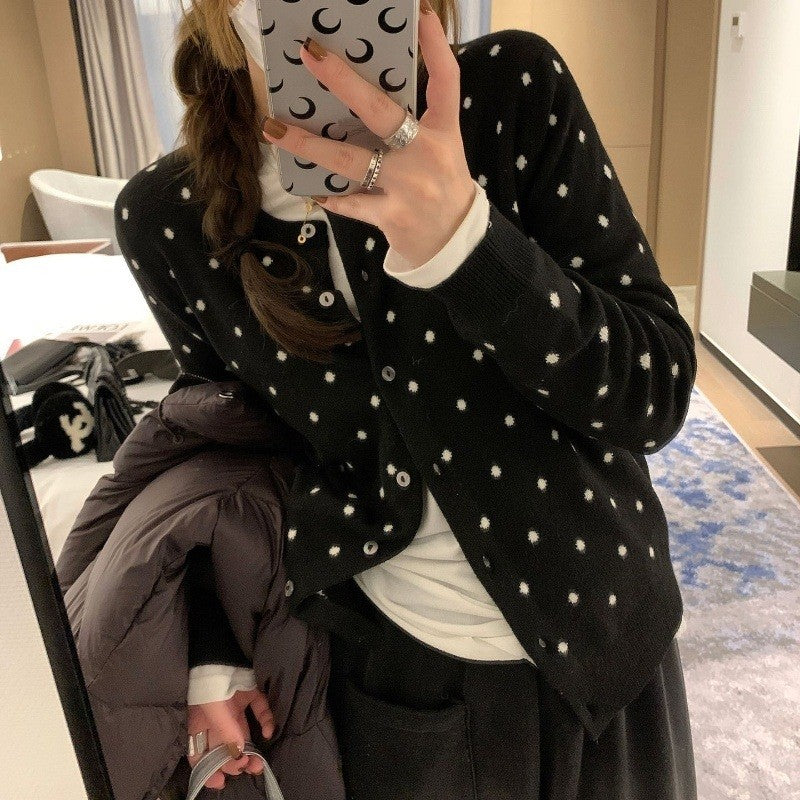 Round Neck Polka Dot Jacquard Knit Cardigan