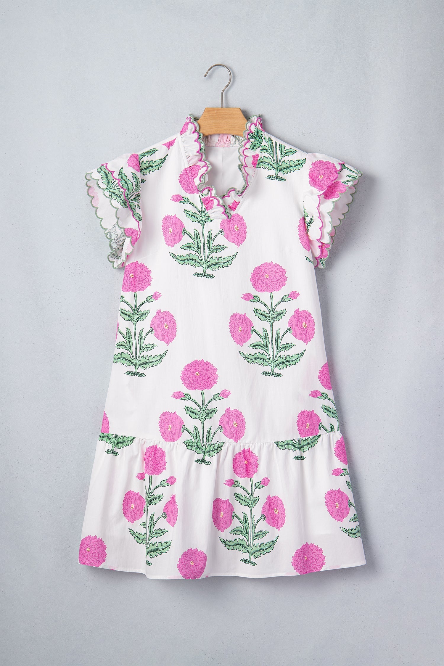 White Wild Floral Print Scalloped Embroidery Trim V Neck Drop Waist Mini Dress