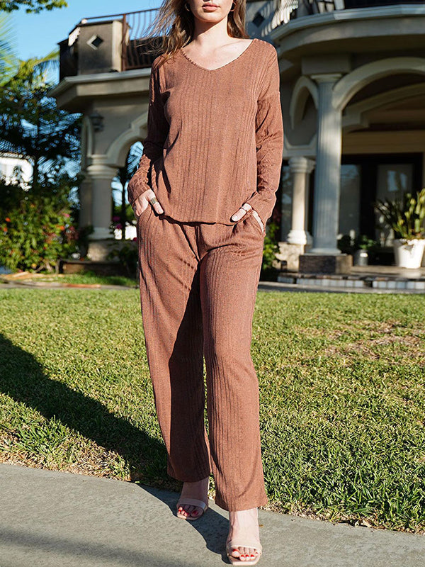 Long Sleeves Loose Solid Color V-Neck Shirt Top + Pants Bottom Pajama Sets