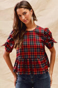 Christmas Holiday Plaid Ribbon Short Sleeves Top