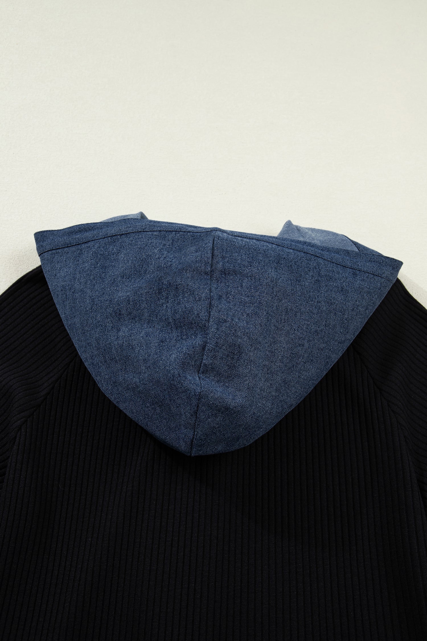 Black Ribbed Knit Contrast Denim Patchwork Hooded Long Sleeve Top