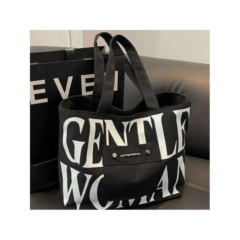 Letter Print Canvas Shoulder Bag with Large Capacity