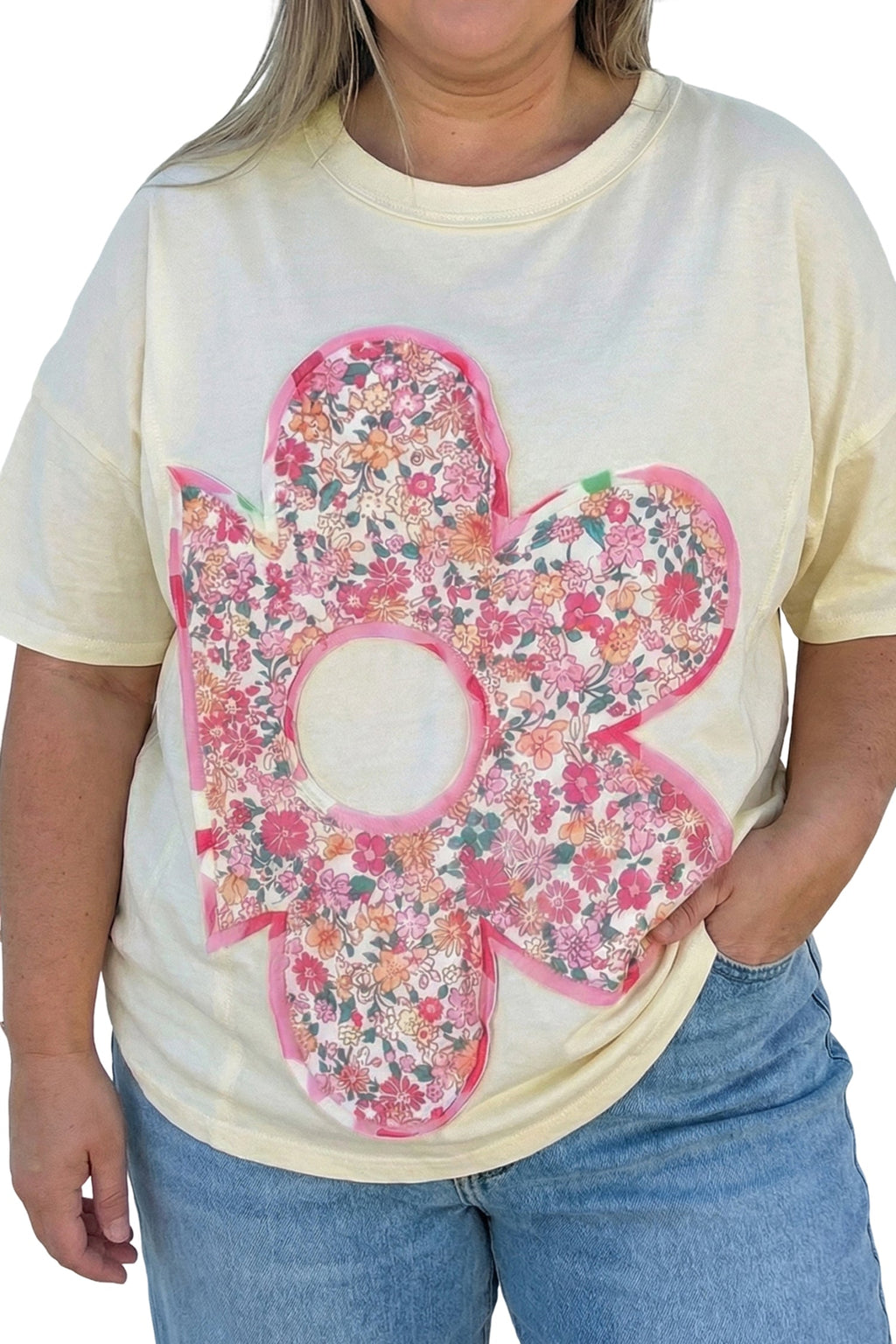 Jet Stream Big Flower Patched Plus Size Tunic T-Shirt