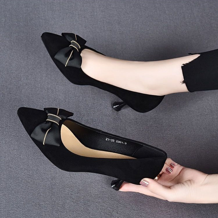 Women's Korean-Style Pointed Toe Stiletto Pumps with Bow Detail | Matte Finish