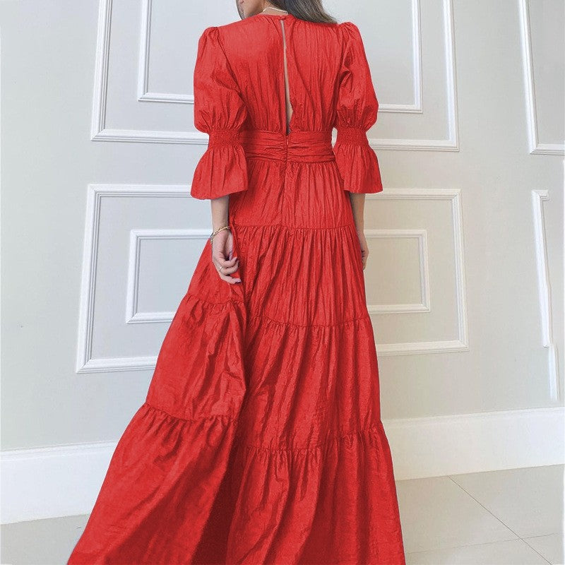 Chic Solid V-Neck Long Sleeve Midi Dress