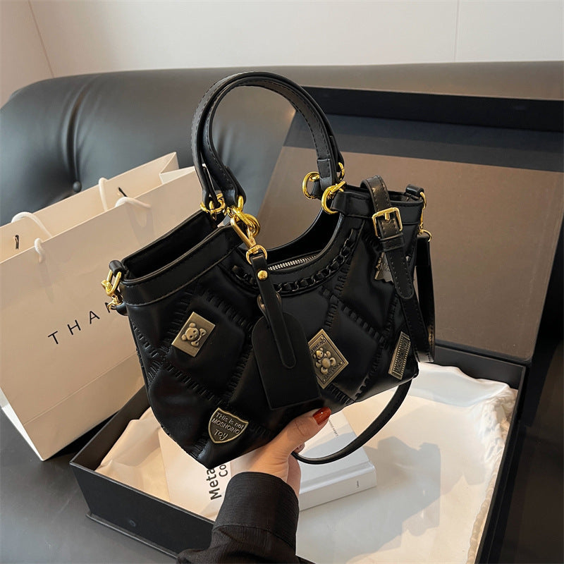 Diamond-Pattern Badge Shoulder Crossbody Bag for Women - PU Leather Bucket Bag with Chain Strap