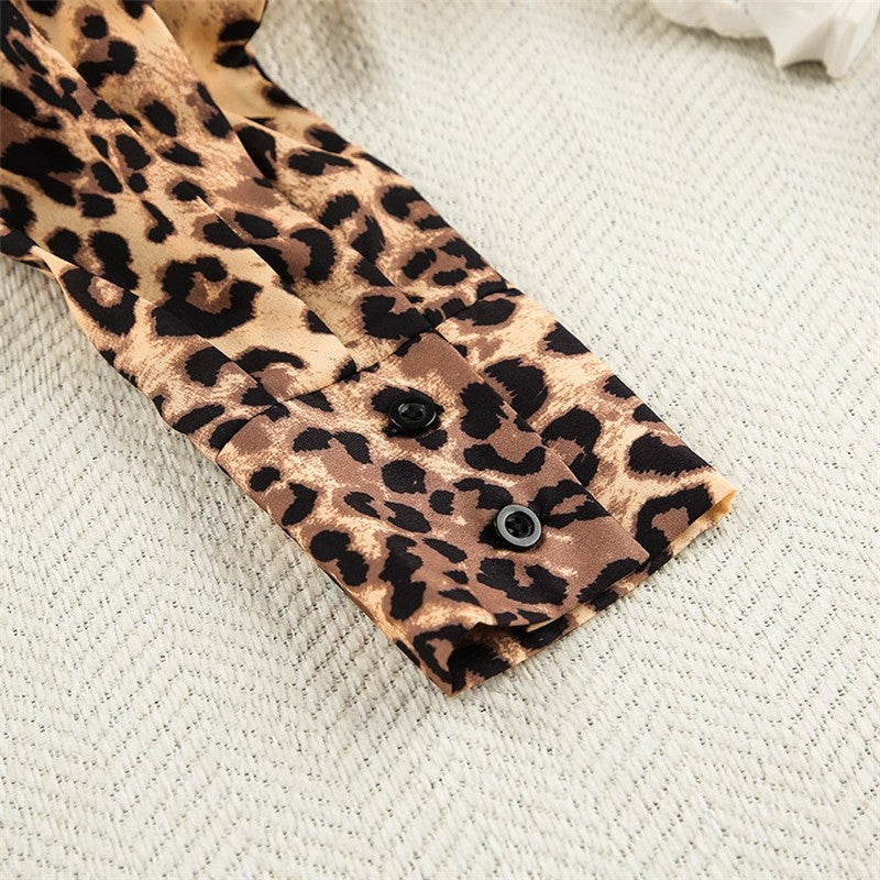 Leopard Print Long Sleeve Lapel Blouse with Waist Tie and Matching Pants Set - Loungewear Pajama Suit