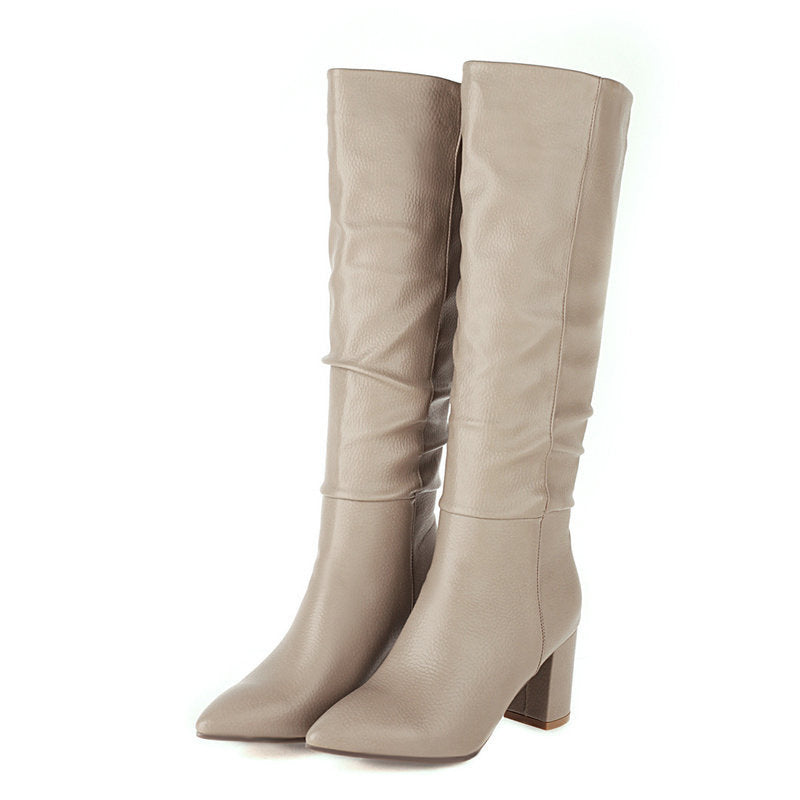 Women's Fleece-Lined Chunky Heel Mid-Calf Boots | Pointed Toe Slip-On Winter Boots