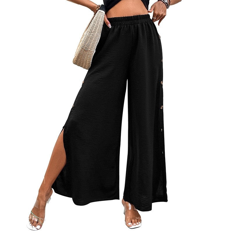 Wide Leg Casual Pants with Elastic Waist and Side Slits in Solid Color