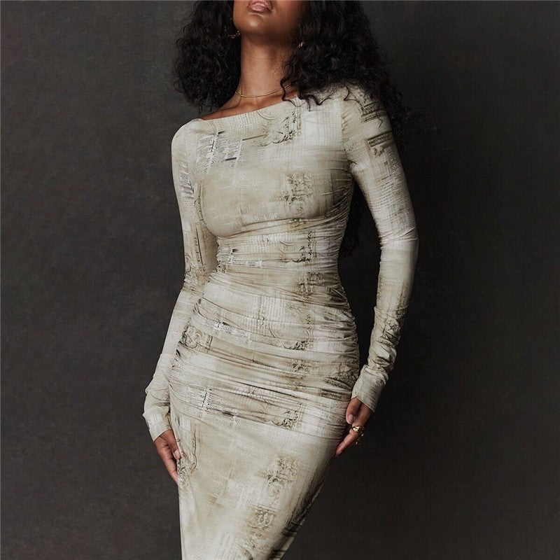 Floral Print Bodycon Long Sleeve Round Neck Dress