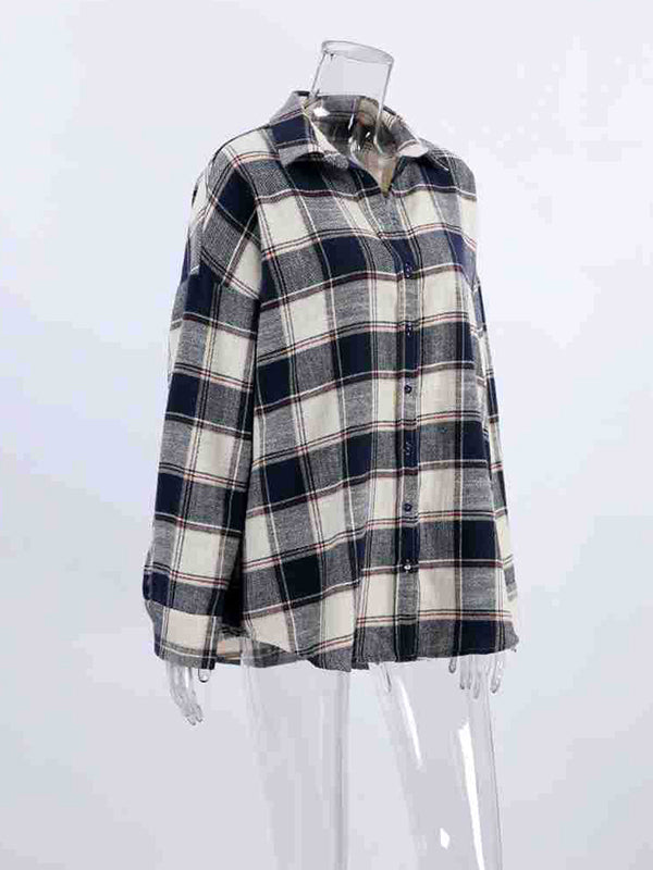Long Sleeves Loose Plaid Split-Joint Lapel Blouses&Shirts Tops