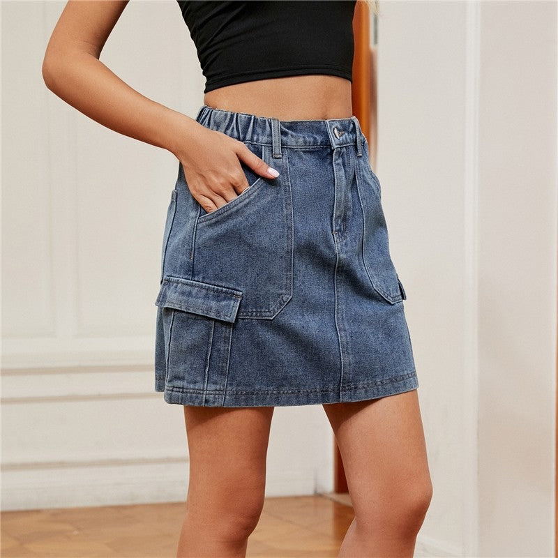 Elastic Waist Denim Mini Skirt Featuring Utility Pockets