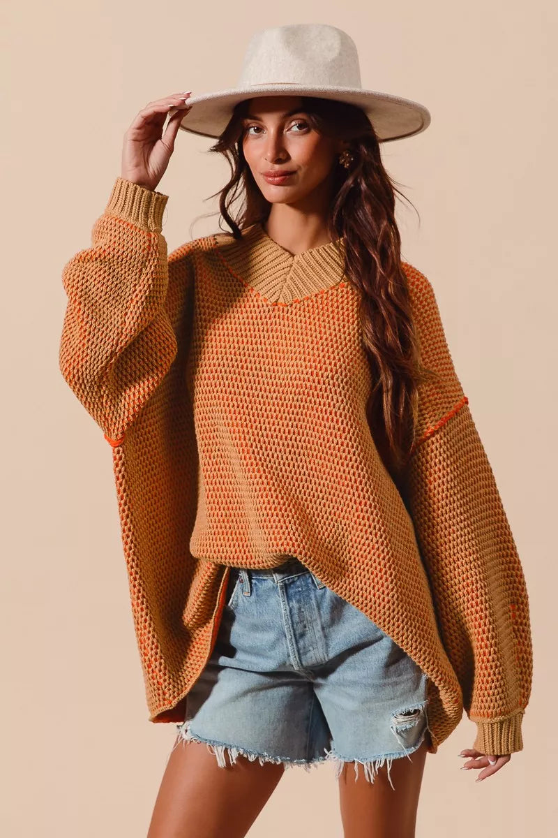 Oversized Two Tone Textured V Neck Sweater