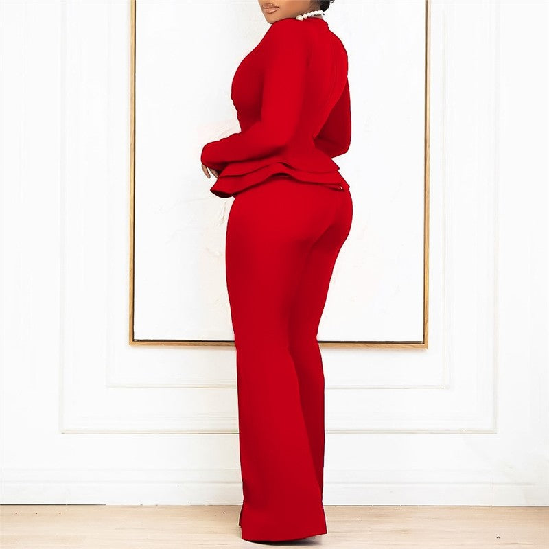 Solid Color Ruffle V-Neck Two-Piece Set