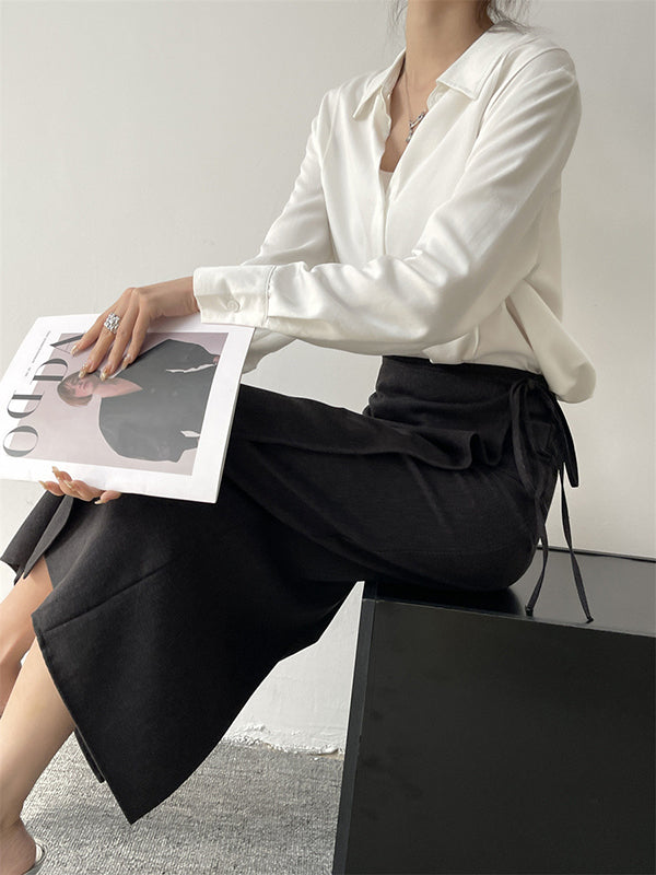 Long Sleeves Loose Pleated Split-Joint Lapel Blouses&Shirts Tops