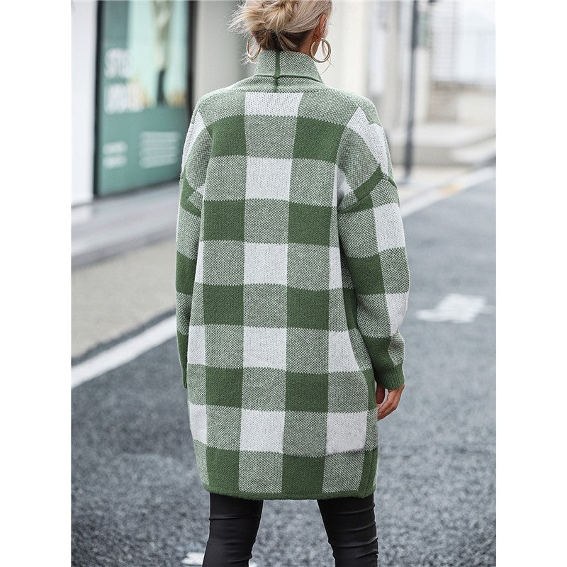 Contrast Color Long Sleeve Plaid Casual Loose Knitted Cardigan