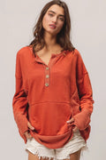 French Terry Knit Side Block Buttoned Henley Top