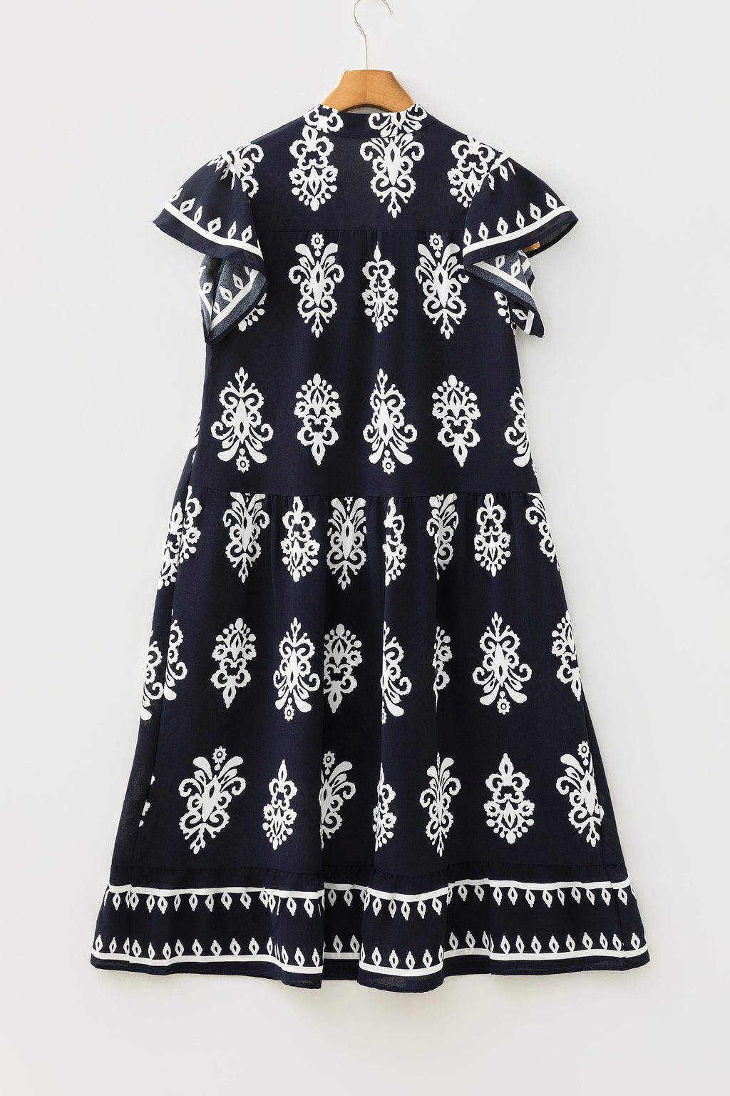 Blue Western Ethnic Print Notched Neck Short Sleeve Midi Dress