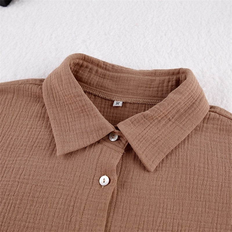 Solid Color Long Sleeve Lapel Buttoned Blouse and Pants Two-piece Lounge Set