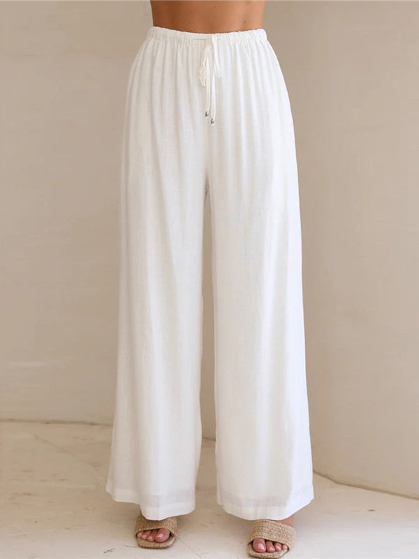 High Waisted Loose Drawstring Elasticity Solid Color Split-Joint Pants Trousers
