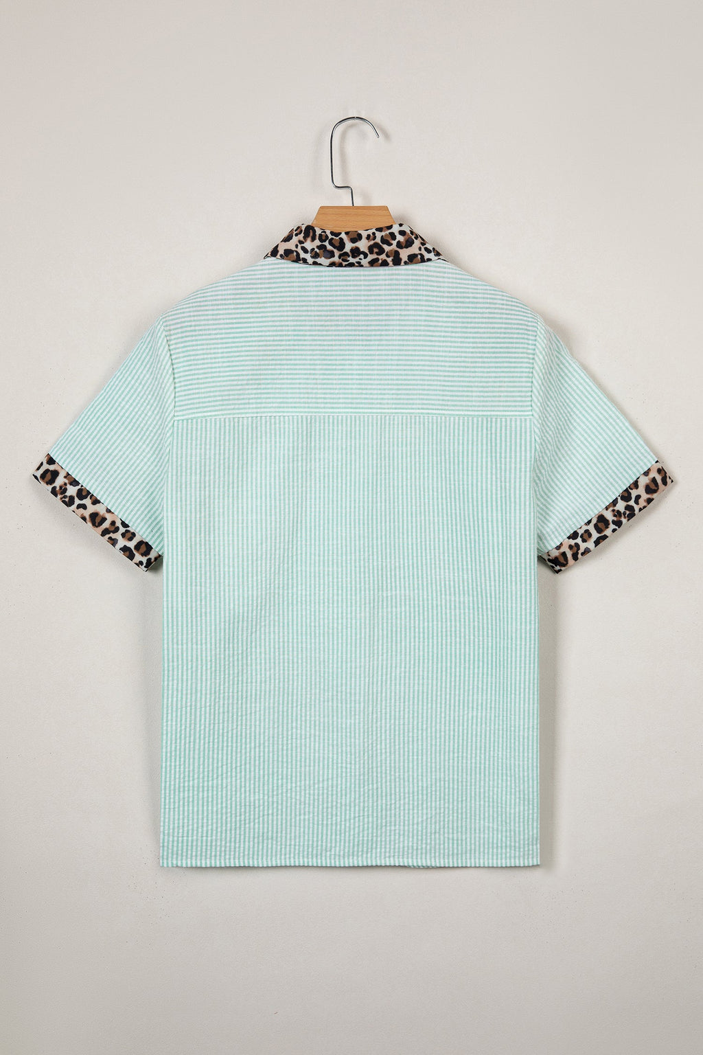 Green Stripe Leopard Contrast Collar Short Sleeve Shirt