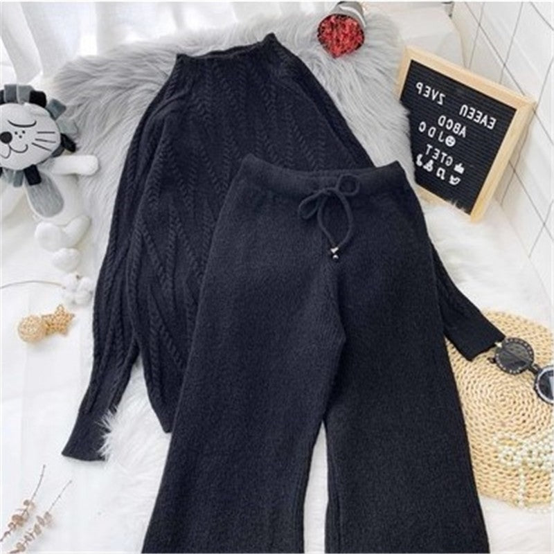 Solid Color Jacquard Long Sleeve Top And Pants Knit Set