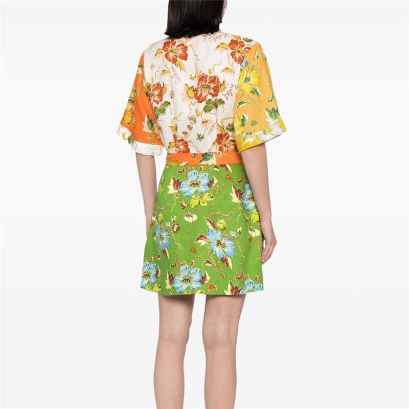Floral Print Short Sleeve Dress with Ribbon Accent