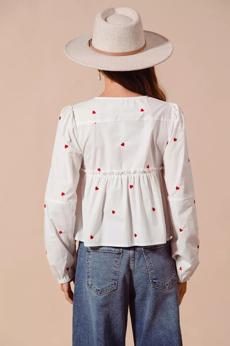 Front Tie Heart Embroidered Blouse With Puff Sleeve